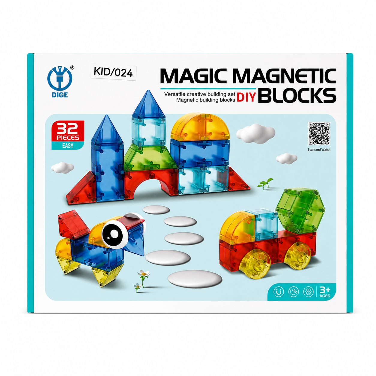 32 Piece Magnetic Building Blocks Kids Construction Tiles Creative STEM Toy 3+