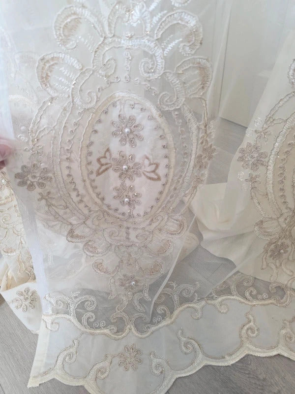 Luxury Cream Embroidered Lace Curtain Panel 66 x 90 Elegant Floral Sheer Curtain