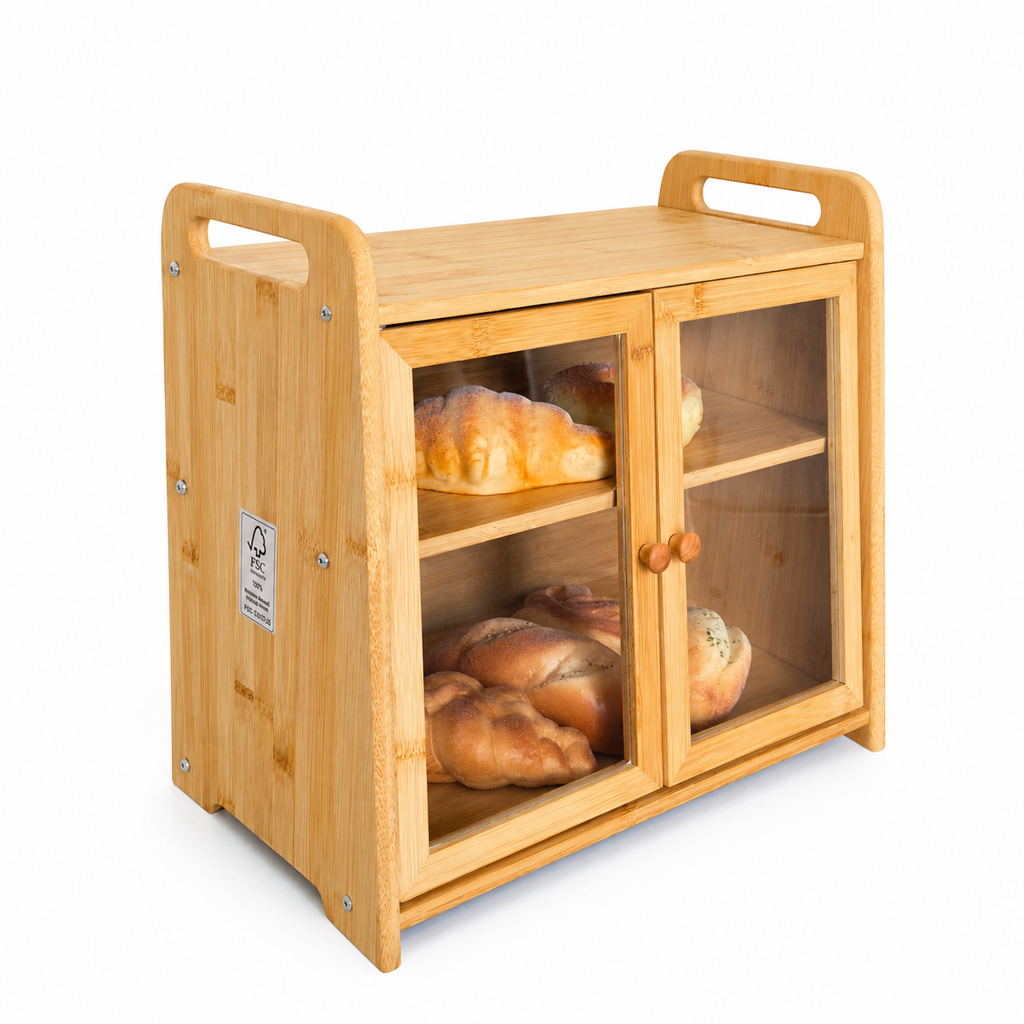 Bamboo Bread Bin 20L Double-Layer Food-Safe Storage with Acrylic Door – Natural