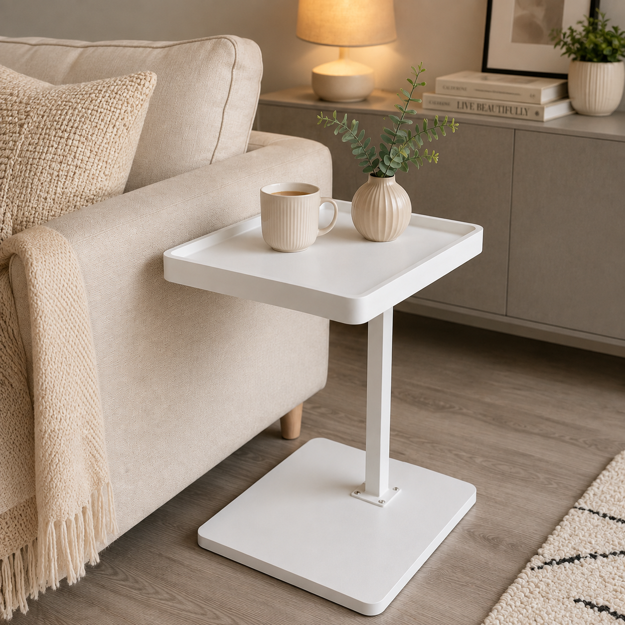 Adjustable C-Shaped Side Table Mobile with 4 Castors 364° Swivel Top