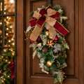 30” Christmas Teardrop Swag – Red & Gold Artificial Pine Decoration with Baubles and Pinecones