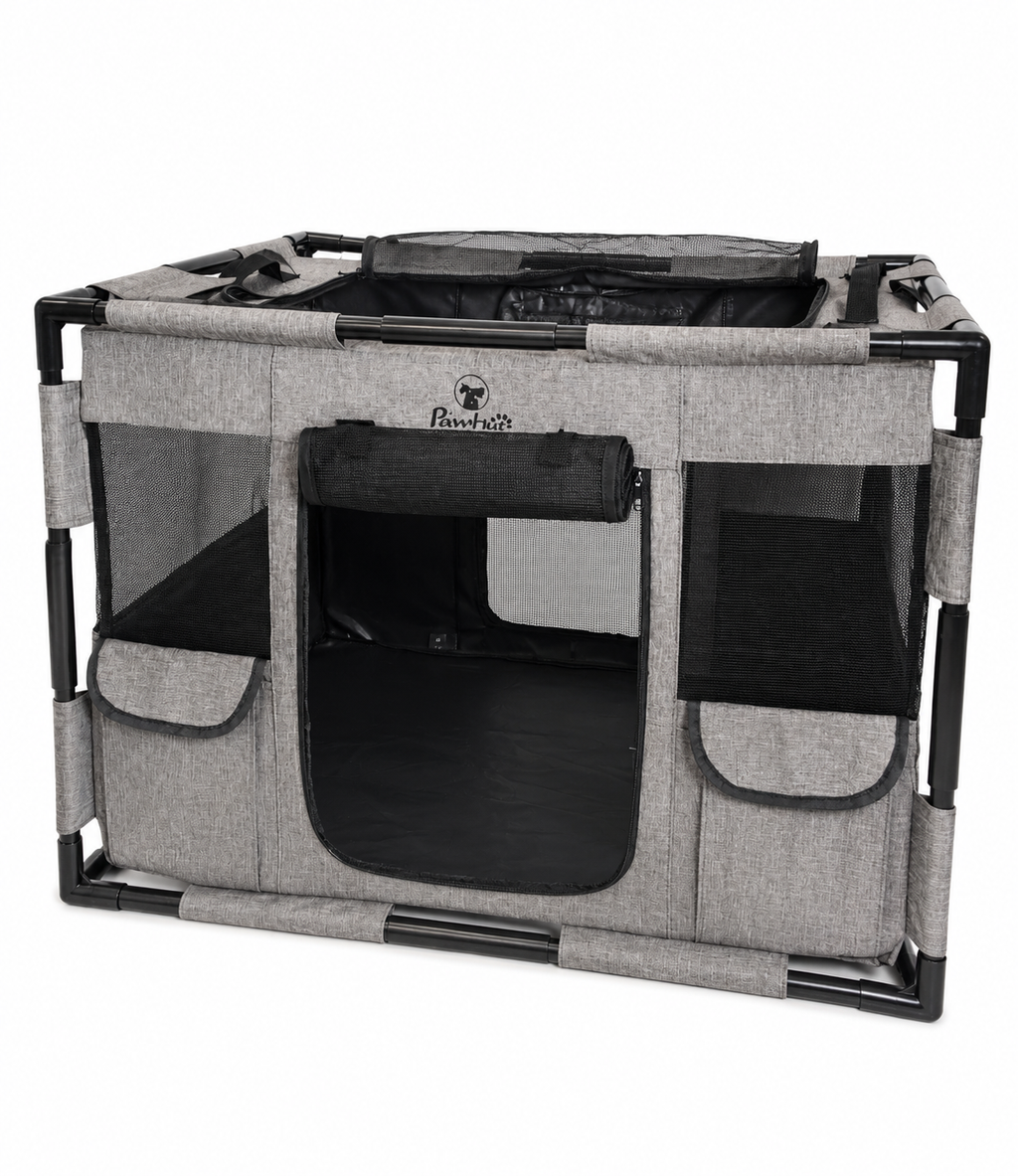 Portable Dog Playpen with Cover & Gate Tear-Resistant Fabric Waterproof Bottom – Grey/Black M