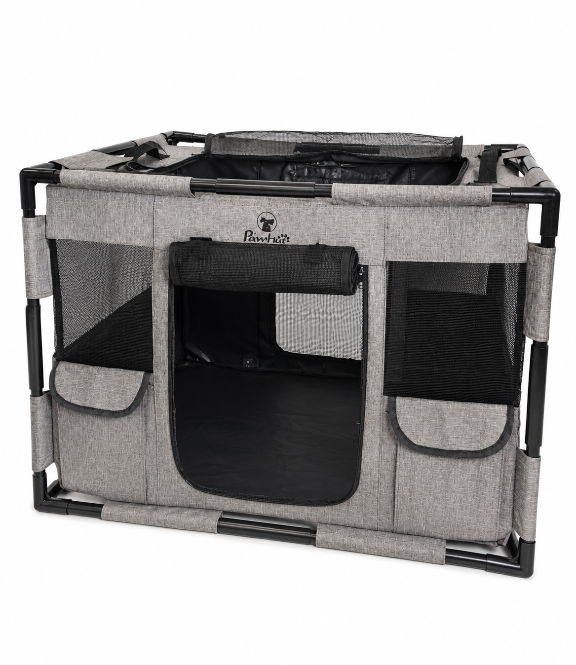 Portable Dog Playpen with Cover & Gate Tear-Resistant Fabric Waterproof Bottom – Grey/Black M