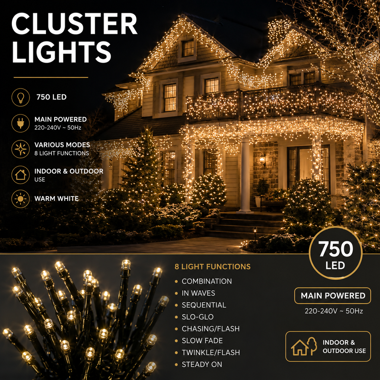 750 LED Warm White Cluster Lights