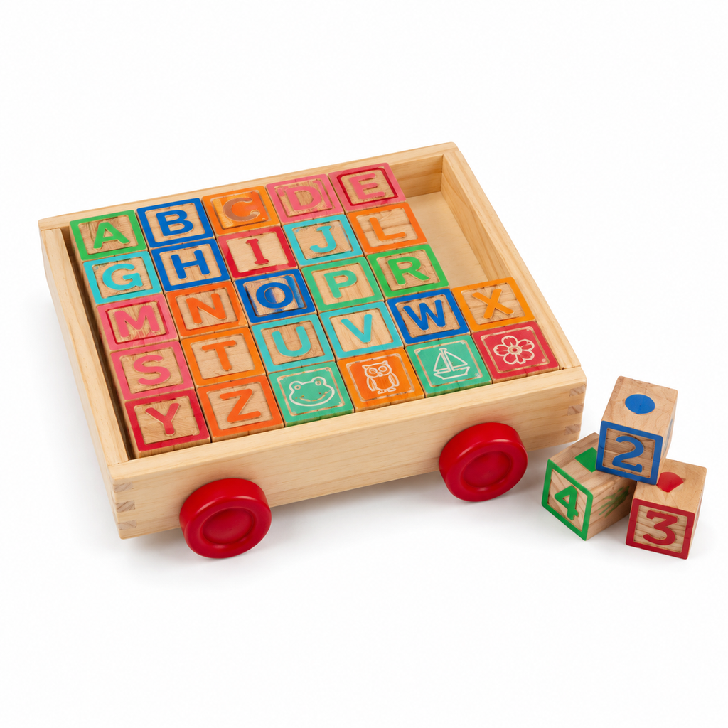 2 in 1 Wooden ABC Block Cart Learning toys with 30 PCS Wooden Blocks for kids