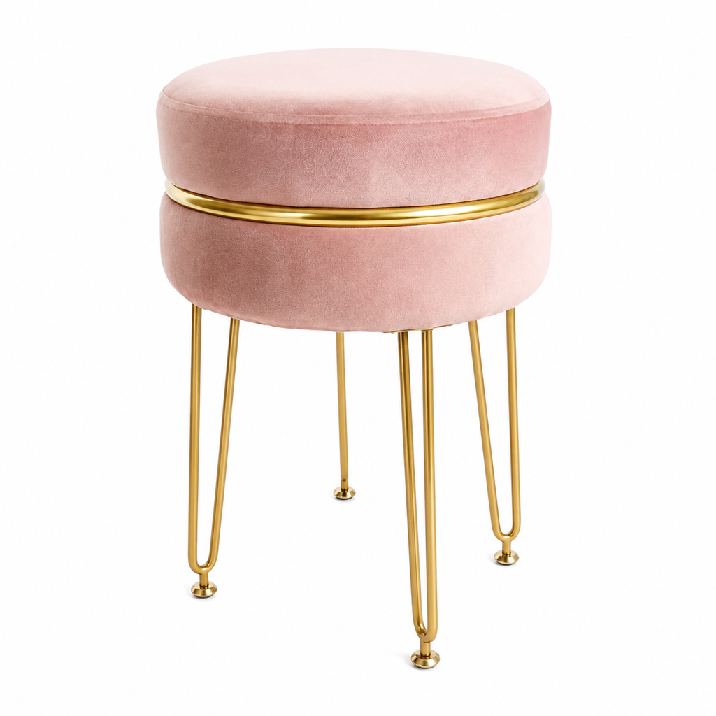 Pink Velvet Vanity Stool with Gold Legs – Round Dressing Table Seat