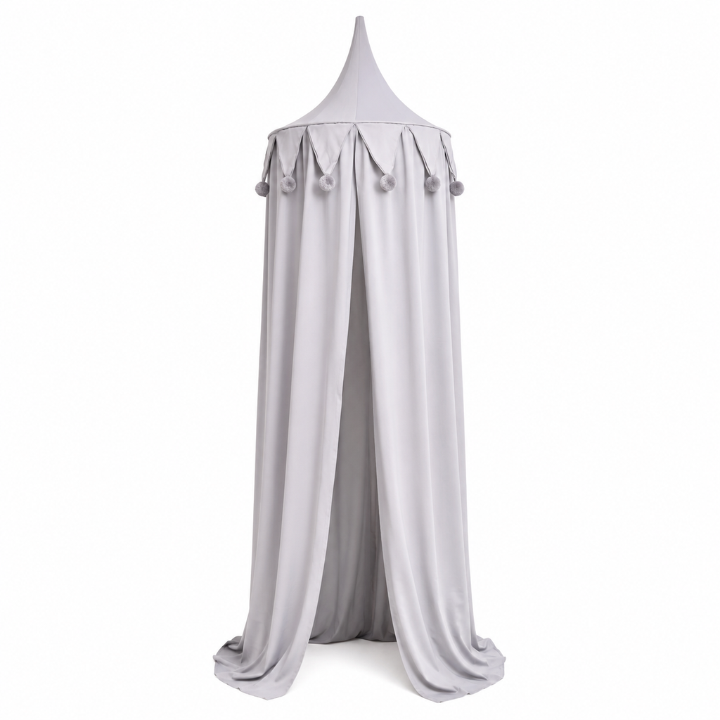 Grey Kids Bed Canopy with Pom Poms – Hanging Reading Nook