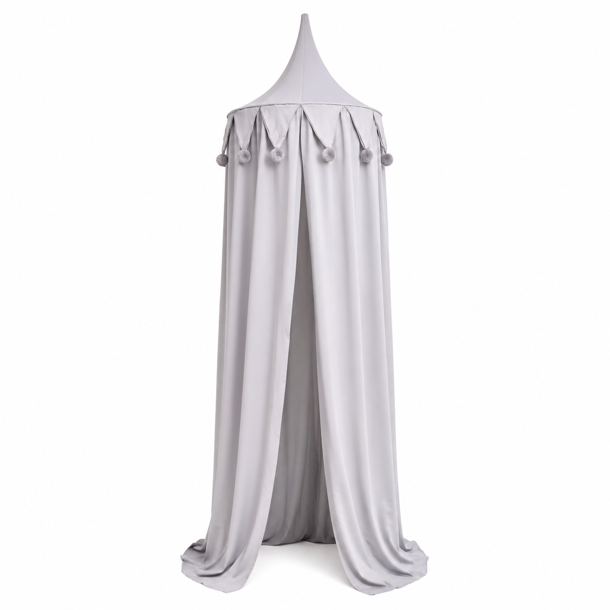 Grey Kids Bed Canopy with Pom Poms – Hanging Reading Nook