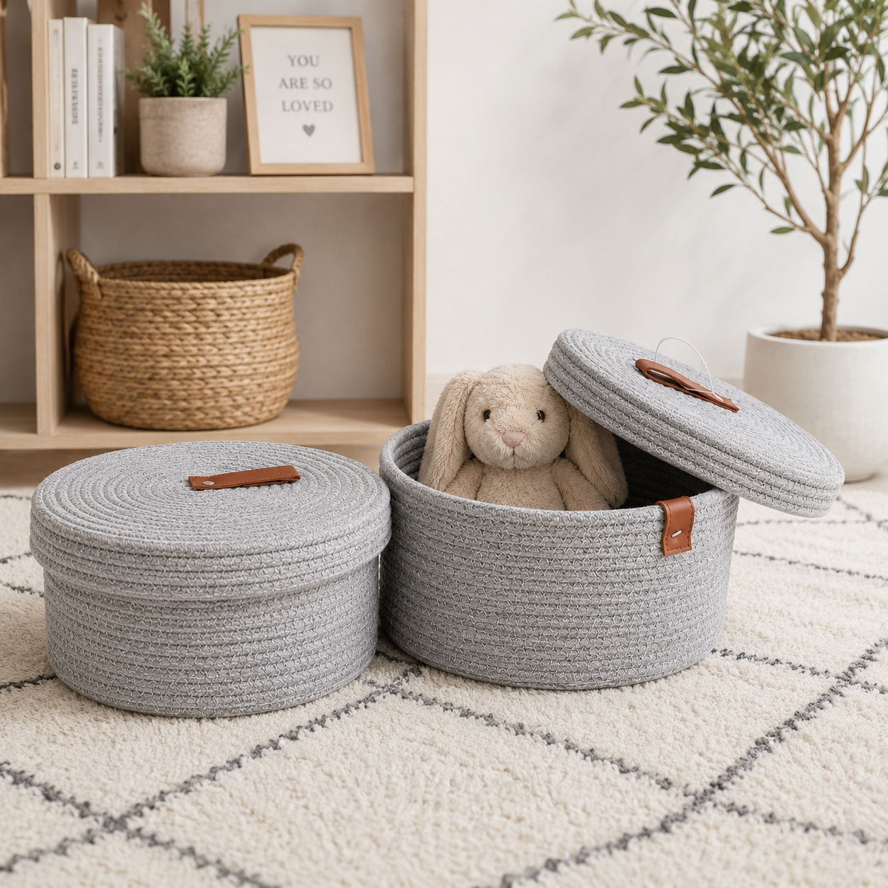 Set of 2 Grey Cotton Rope Storage Baskets with Lids