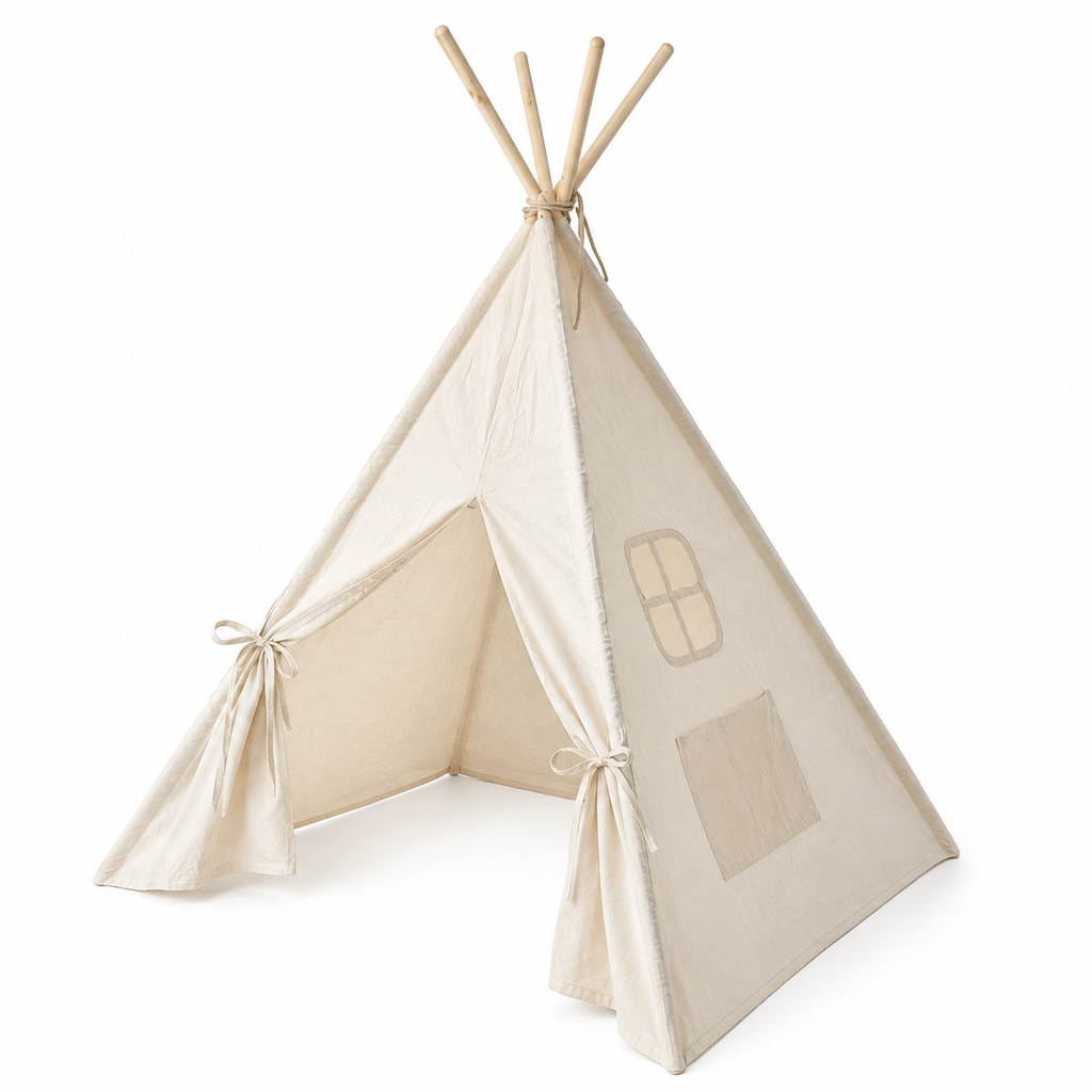 Kids Cotton Teepee Play Tent with Wooden Poles – Natural