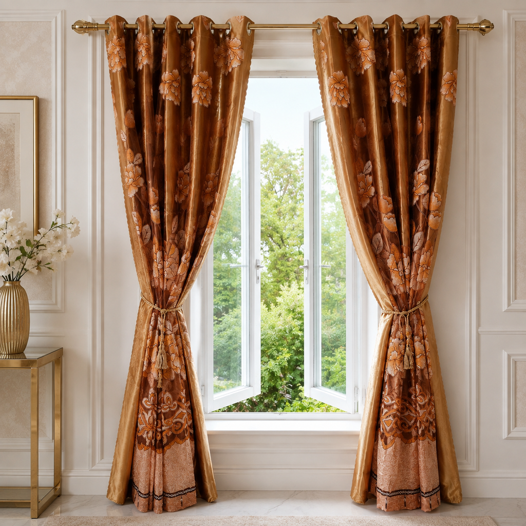 Pair of Gold Double Layer Curtains – Lily Floral Pattern, Tassel Beads, 66 × 84in