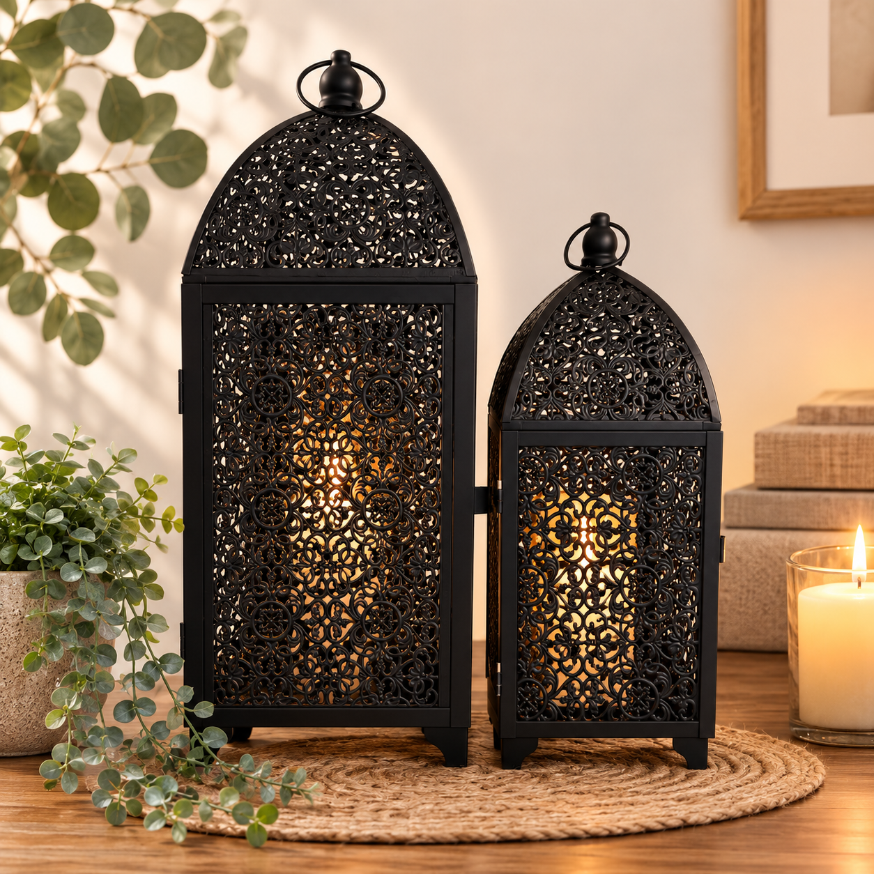 Set of 2 Large Black Metal Lantern Candle Holders – Ornate Decorative Design