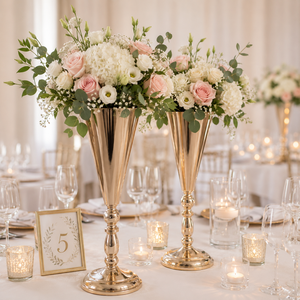 Set of 2 Tall Gold Metal Wedding Centrepiece Flower Vases – 43cm