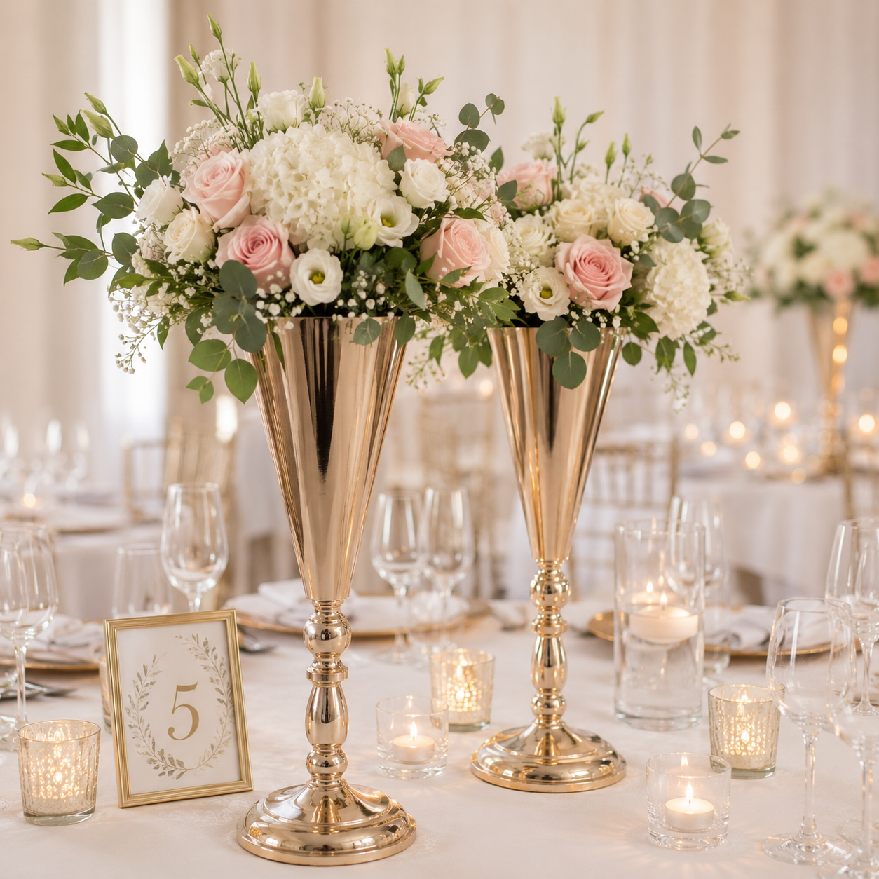 Set of 2 Tall Gold Metal Wedding Centrepiece Flower Vases – 43cm
