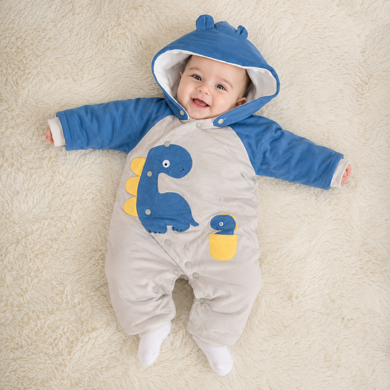 Baby Dinosaur Hooded Padded Romper Snowsuit – Blue & Grey – Size 80