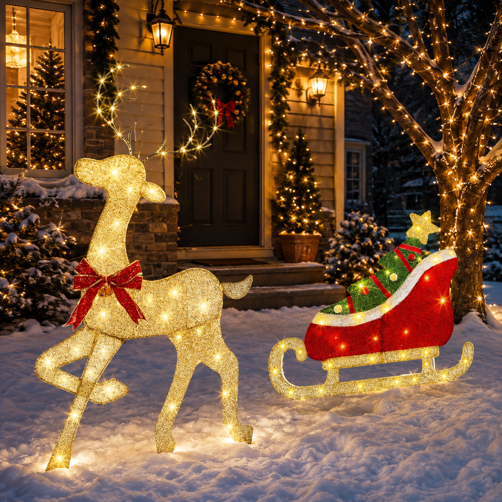 Christmas Reinder And Sleigh 42 inch Motion sensor with Music