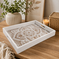 Decorative Wooden Serving Tray with Handles – White & Beige Mandala Design 40 × 30cm