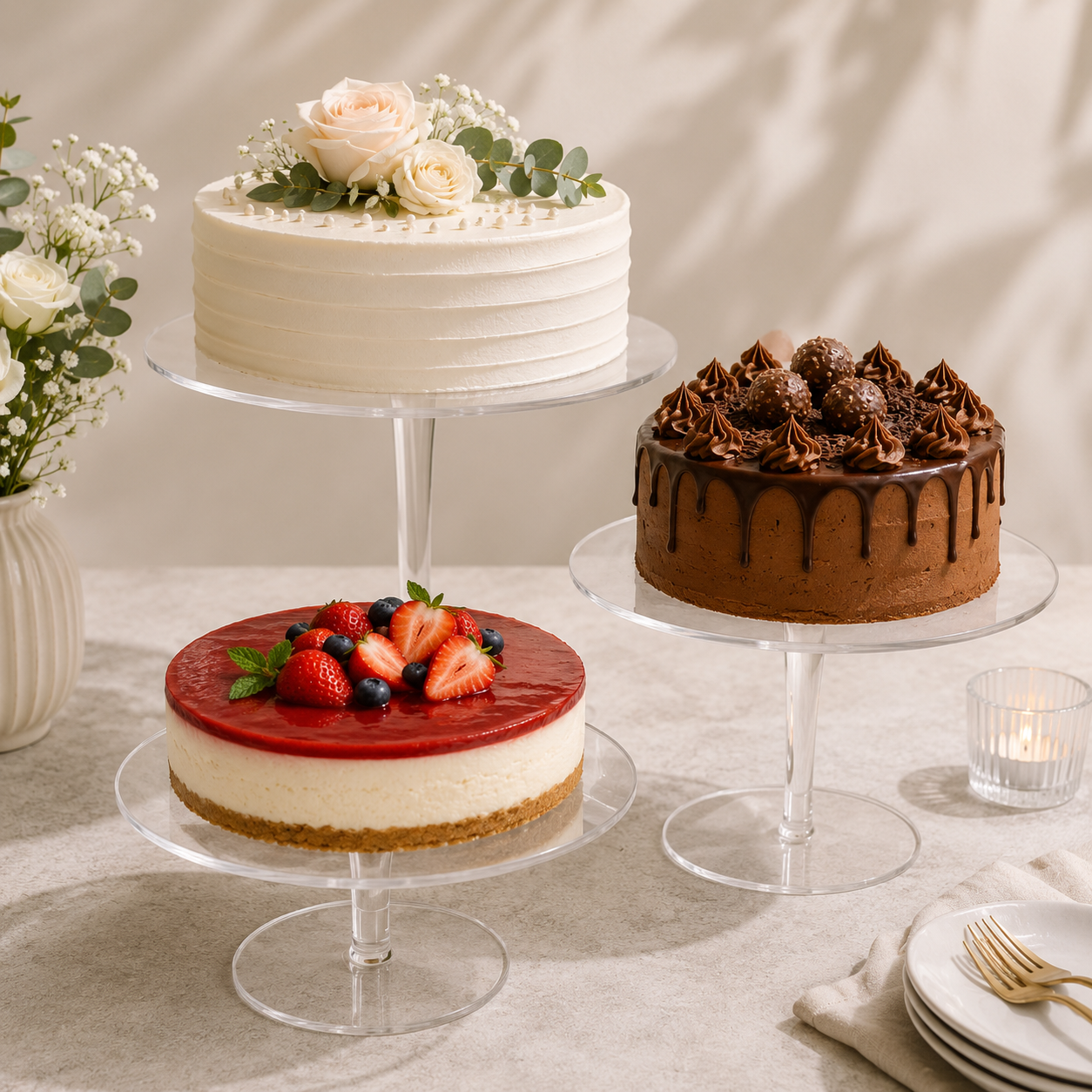 Set of 3 Clear Acrylic Cake Stands – Tiered Display Risers for Cakes & Desserts