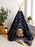 Small Dog & Cat Teepee Bed – Navy Star Print Pet Tent 50 × 70cm