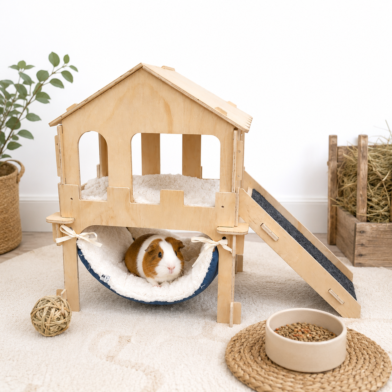 Wooden Small Animal House with Ramp & Hammock – Guinea Pig, Rabbit & Hamster Hideaway