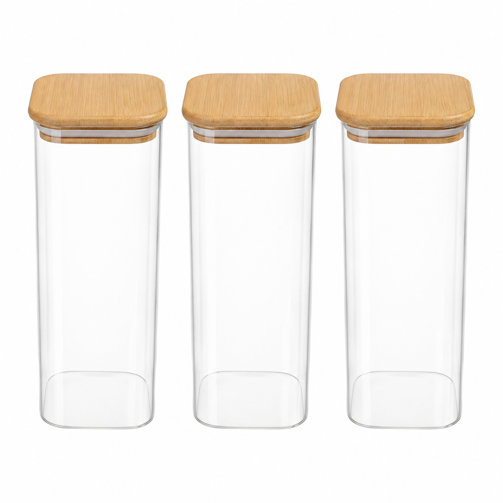 Set of 3 1.7L Rectangular Glass Storage Jars with Bamboo Lids – Kitchen Canisters