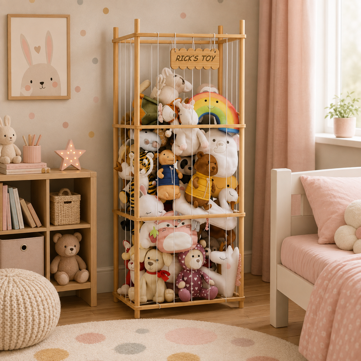 Plush Toy Storage Organizer Wooden Large Capacity 22.8" Wide – Natural