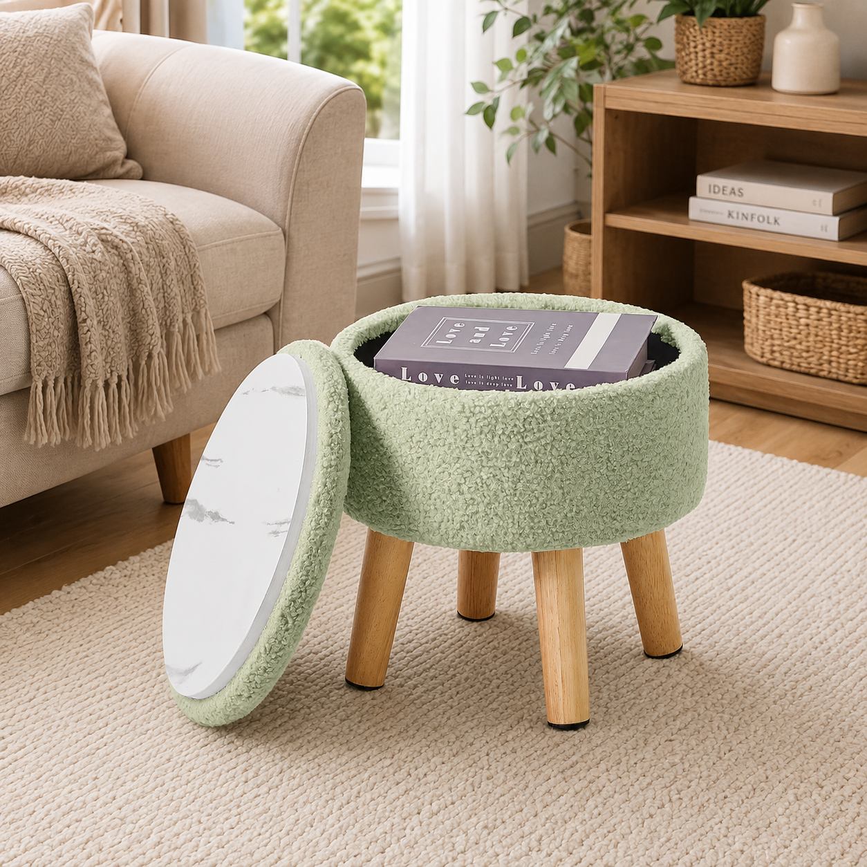Small Footstool Ottoman with Storage, Round Pouffe – Green