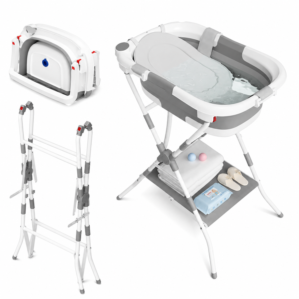 Foldable 3-in-1 Baby Bath with Stand & Support Net Newborn to Toddler Multi-Use – Grey