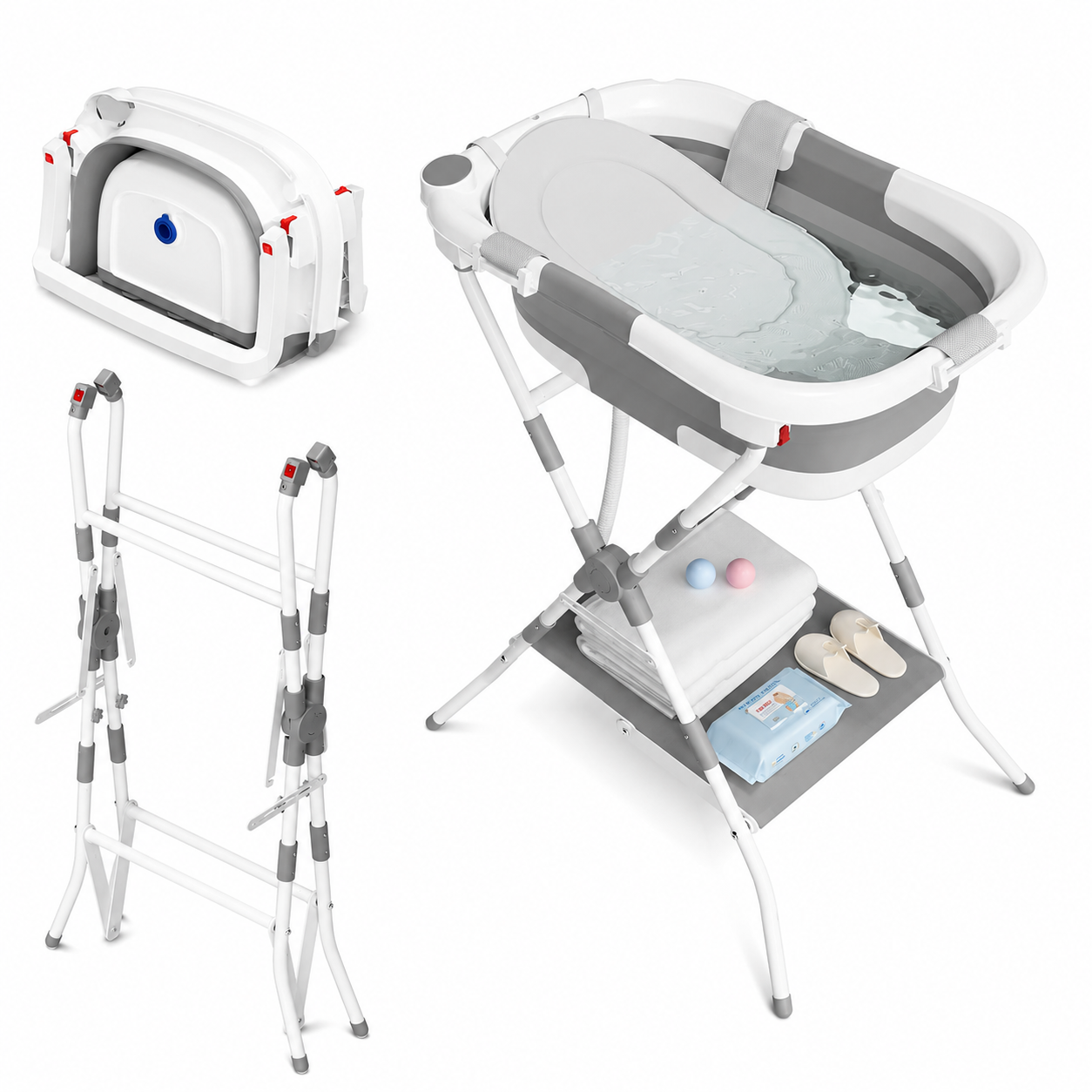 Foldable 3-in-1 Baby Bath with Stand & Support Net Newborn to Toddler Multi-Use – Grey