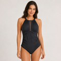 Women’s Black One Piece Swimsuit High Neck Mesh Panel – Size L