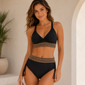 Women’s Black High Waisted Bikini Set Gold Detail Ruched Sides Size M