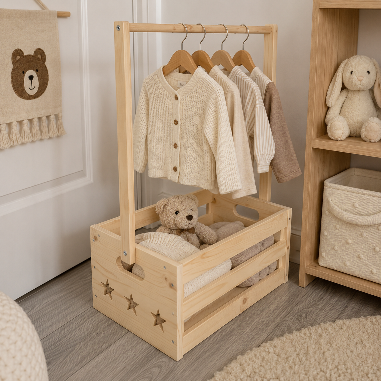 Wooden Baby Hamper Basket with Clothes Rail – Nursery Gift Display & Storage
