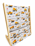 Children's Wooden Book Display Rack – 5 Tier Fabric Bookshelf | Construction Vehicle Design