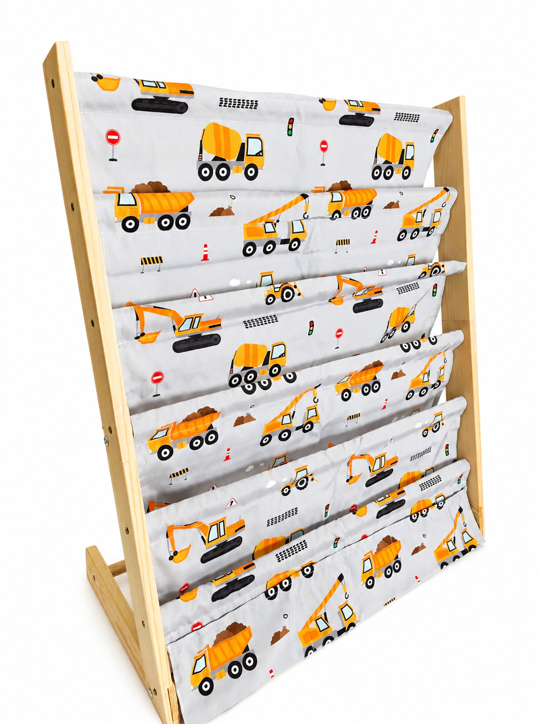 Children's Wooden Book Display Rack – 5 Tier Fabric Bookshelf | Construction Vehicle Design