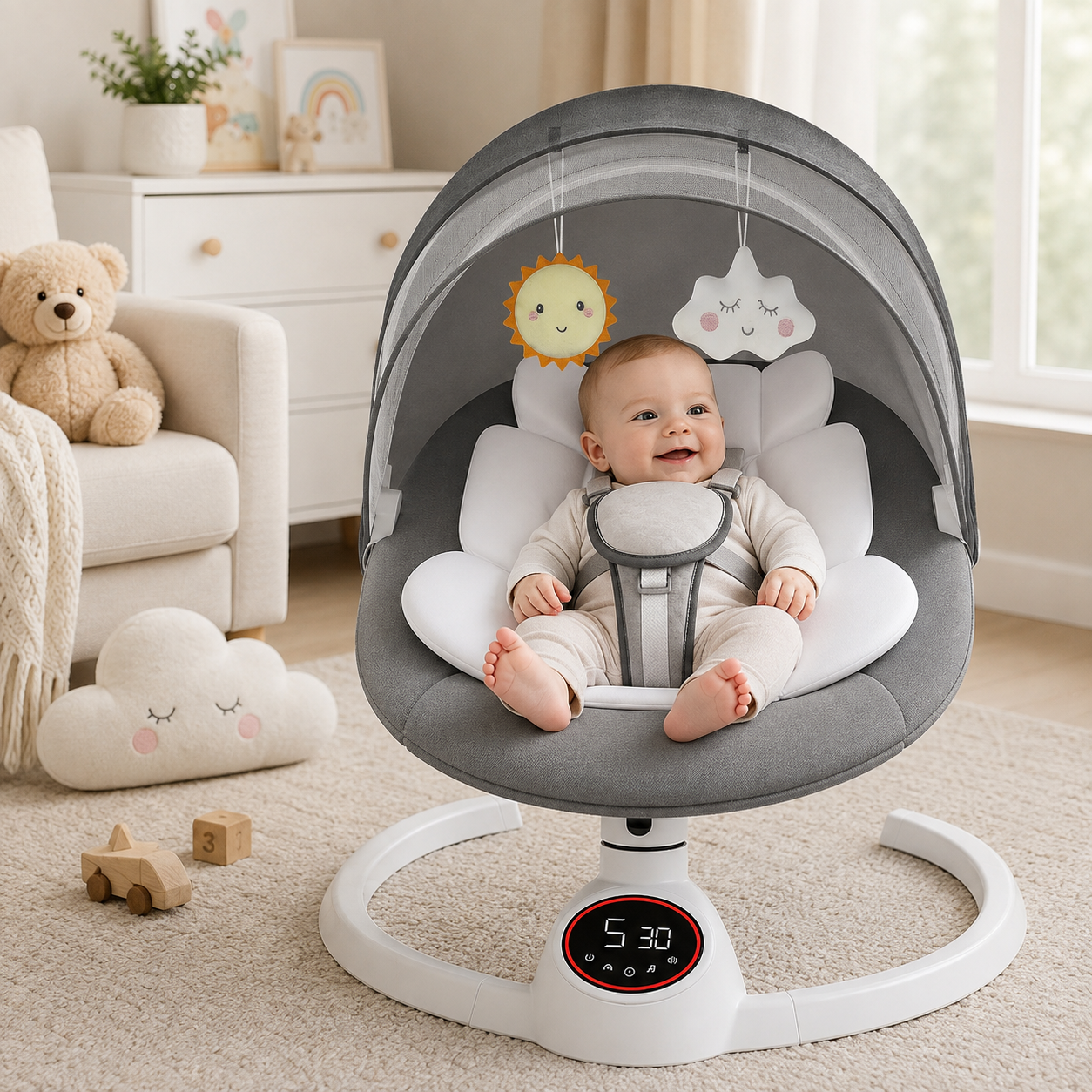 Electric Baby Swing Chair from Birth, Bluetooth Bouncer with 5 Swing Speed, 3-Stage Timer