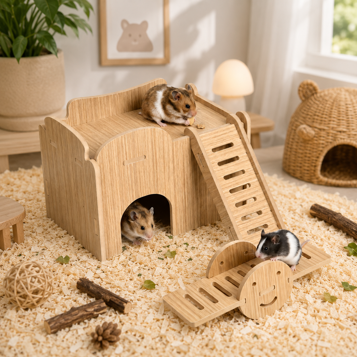 Wooden Hamster House & Playground Set with Ramp and Seesaw – Small Pet Activity Toy