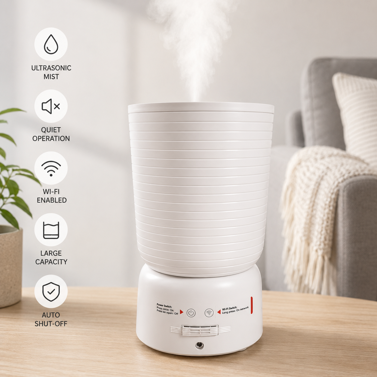 3L Smart Humidifier with App Control Alexa Compatible 360° Rotatable Night Light – White