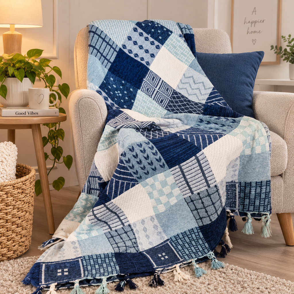 100% Chenille Patchwork Large Sofa Throw Blanket – 220 x 260cm Blue