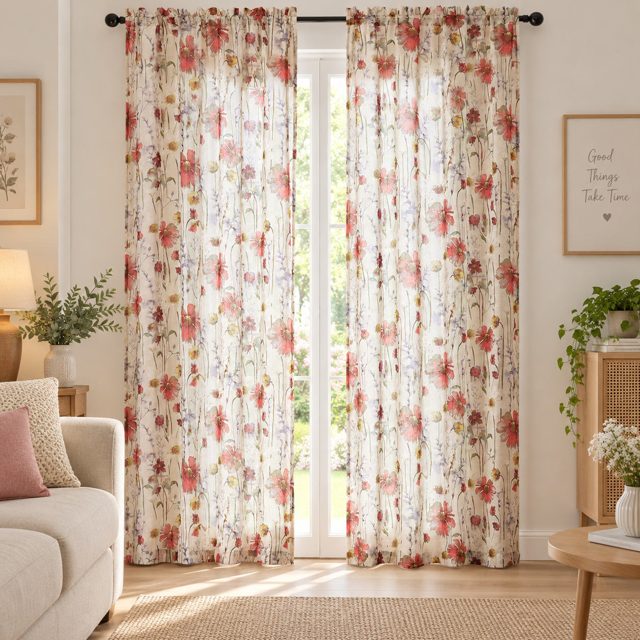 Floral Sheer Curtains 2 Panels Set – 130 x 220cm Each Light Filtering Drapes
