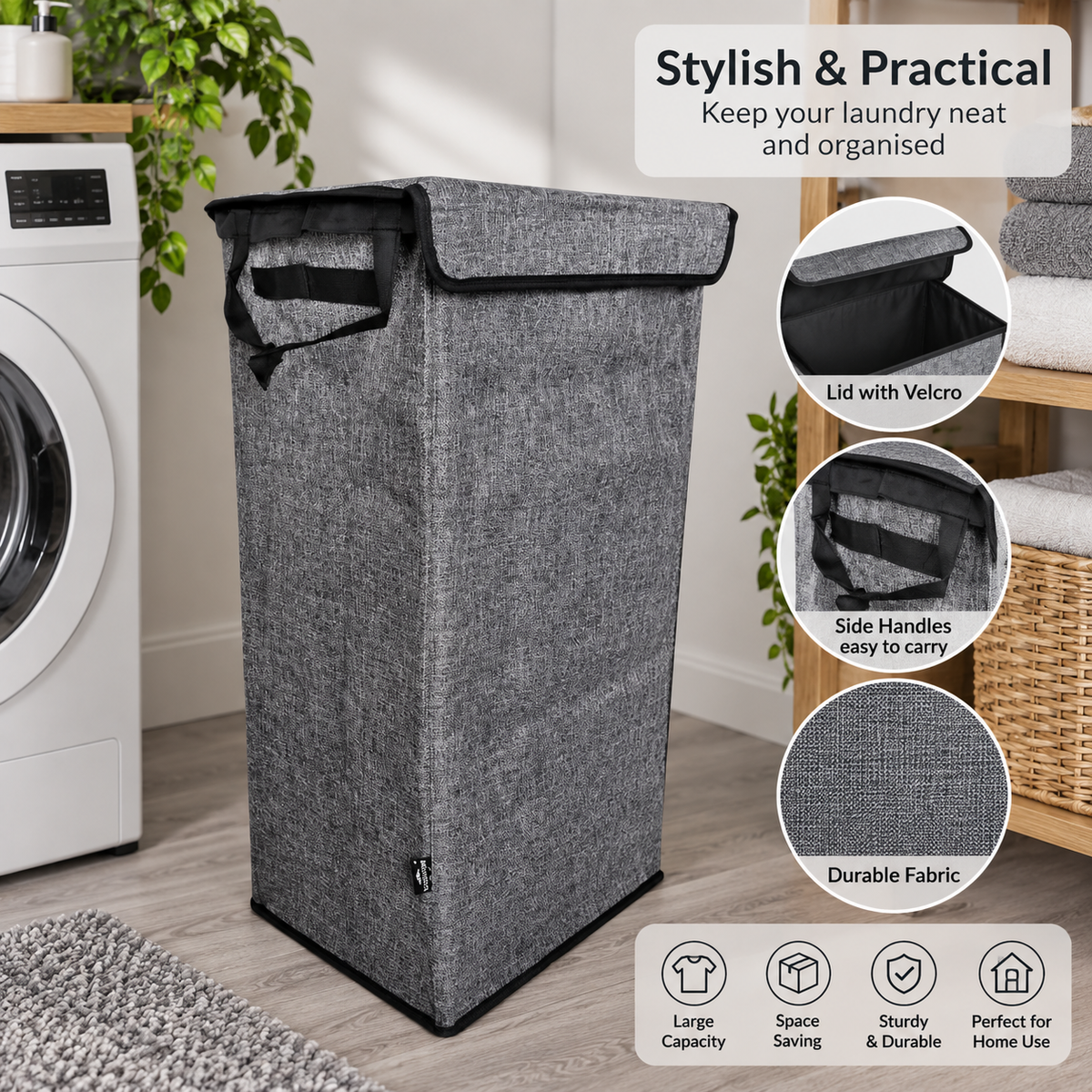 100L Grey Laundry Basket Foldable Large Washing Hamper with Lid & Handles