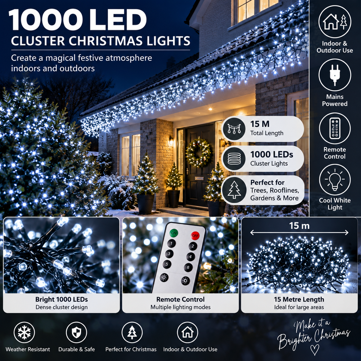 1000 LED Cluster Christmas Lights 15m Cool White Outdoor Fairy Lights Remote