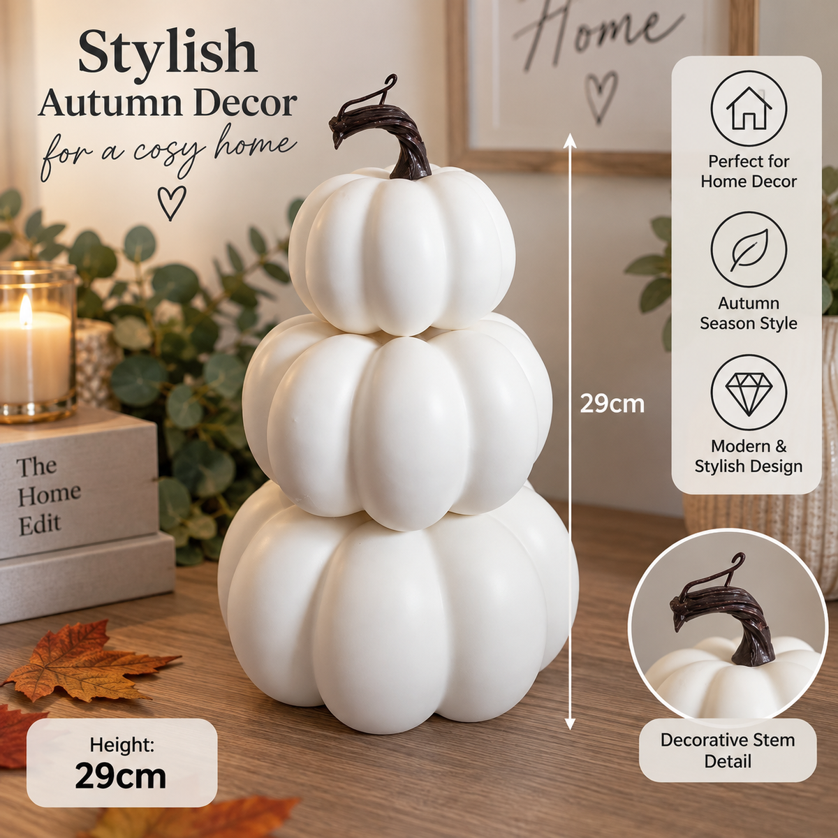 29cm White Stacked Pumpkin Decoration Foam Autumn Halloween Home Décor