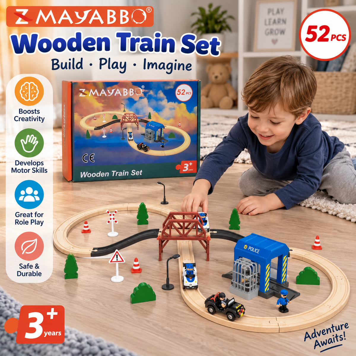 52 Piece Wooden Train Set Police Station Railway Track Kids Toy 3+ Years