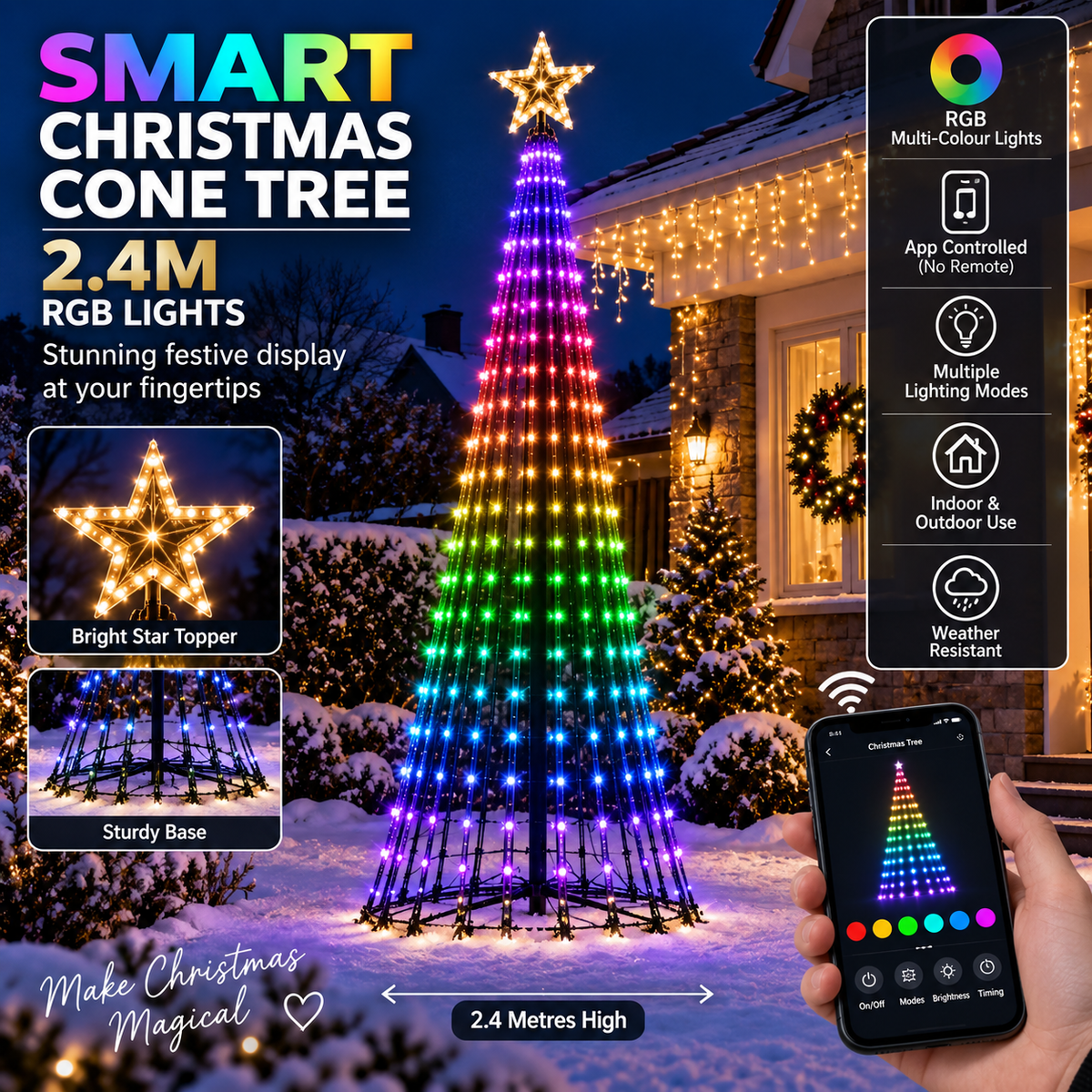 2.4m Smart LED Christmas Cone Tree RGB Multicolour App Controlled Outdoor Lights