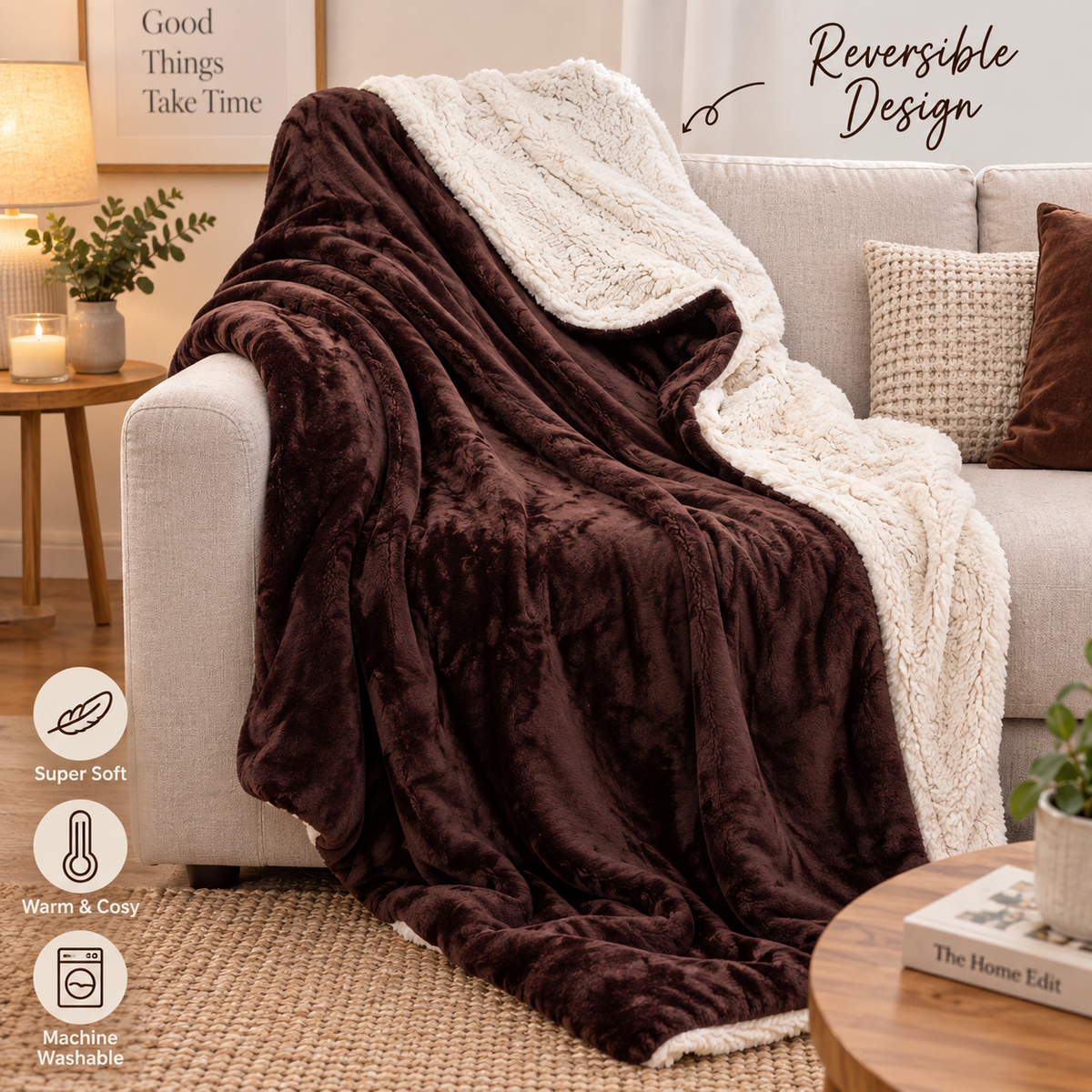 Reversible Sherpa Fleece Throw Blanket Brown & Cream Super Soft 150x200cm