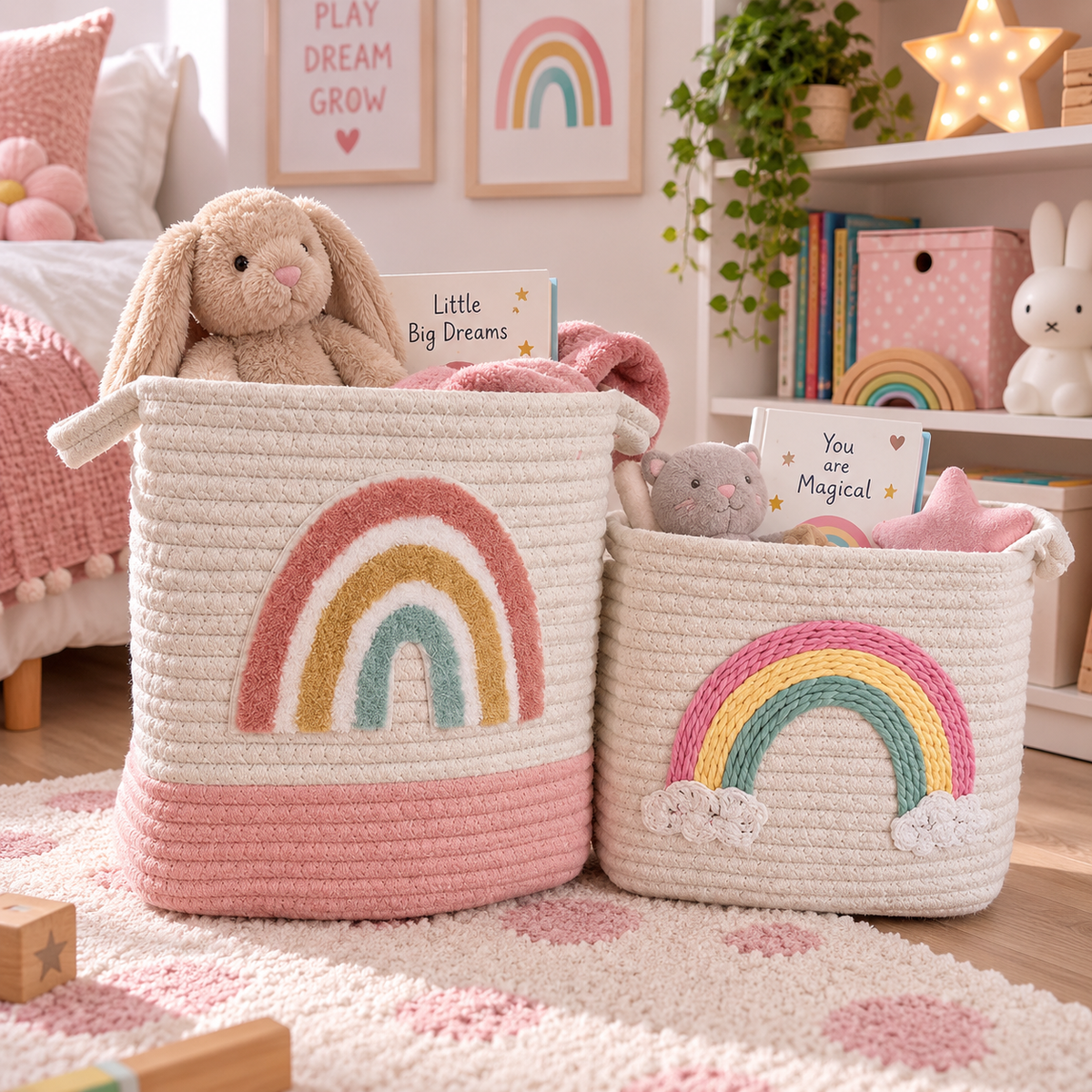 Rainbow Cotton Rope Storage Baskets Set of 2 Kids Nursery Toy Baskets 25cm & 20cm