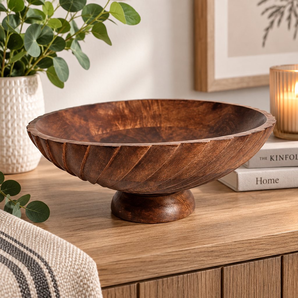 Wooden Fruit Bowl with Pedestal – Decorative Kitchen Counter Fruit Holder 30.5cm