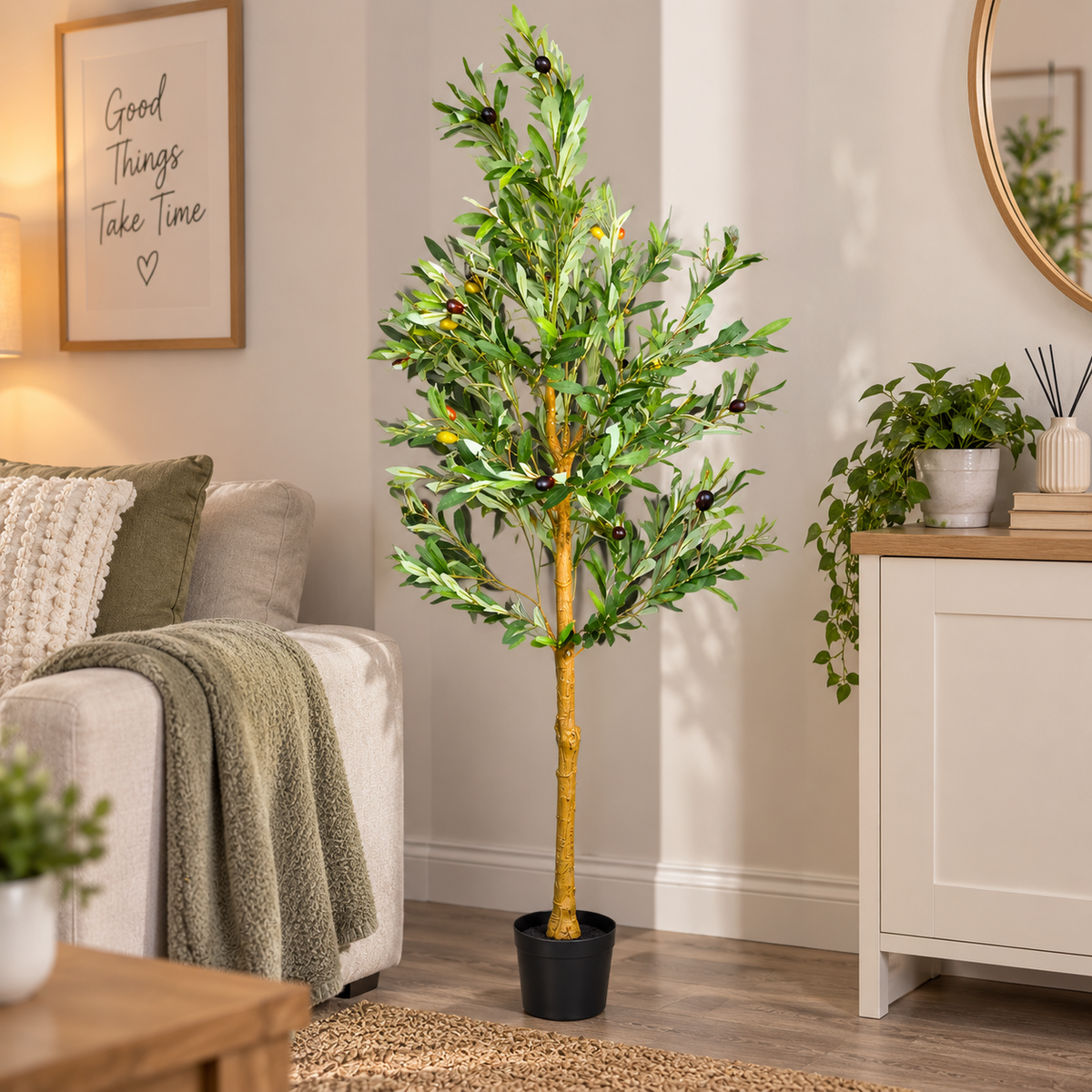 Artificial Olive Tree Faux Plant with Lifelike Leaves & Olives – 150cm
