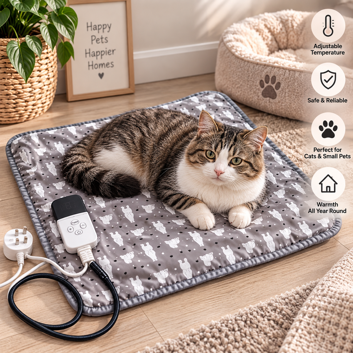 Pet Heating Mat 45x45cm – 9 Temperature Levels Adjustable Heated Pad for Cats & Dogs