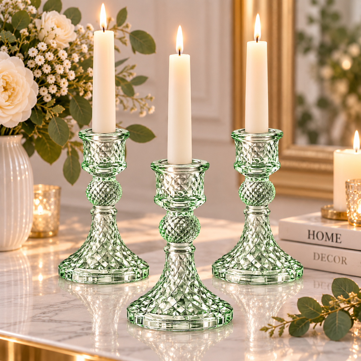 Green Glass Candlestick Holder – Taper Candle Holder 10cm